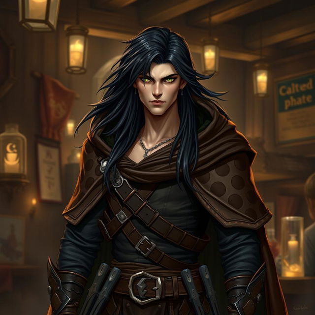 A Dungeons & Dragons character featuring a human male rogue with jet-black hair and long, flowing locks