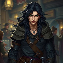 A Dungeons & Dragons character featuring a human male rogue with jet-black hair and long, flowing locks