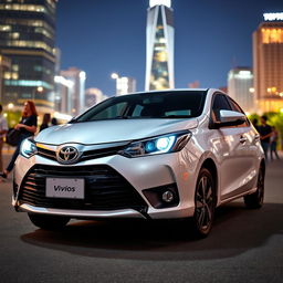 A sleek Toyota Vios Gen 3, parked under a bright city skyline