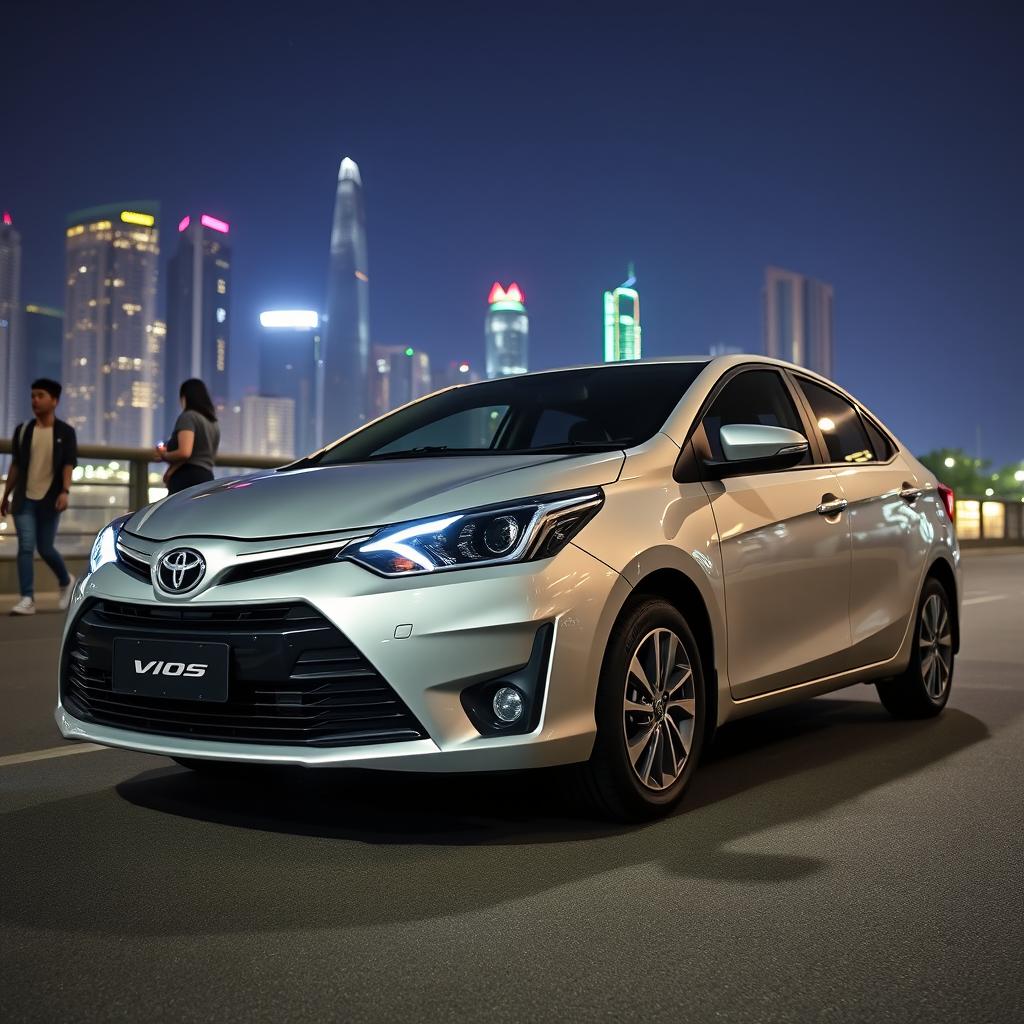 A sleek Toyota Vios Gen 3, parked under a bright city skyline