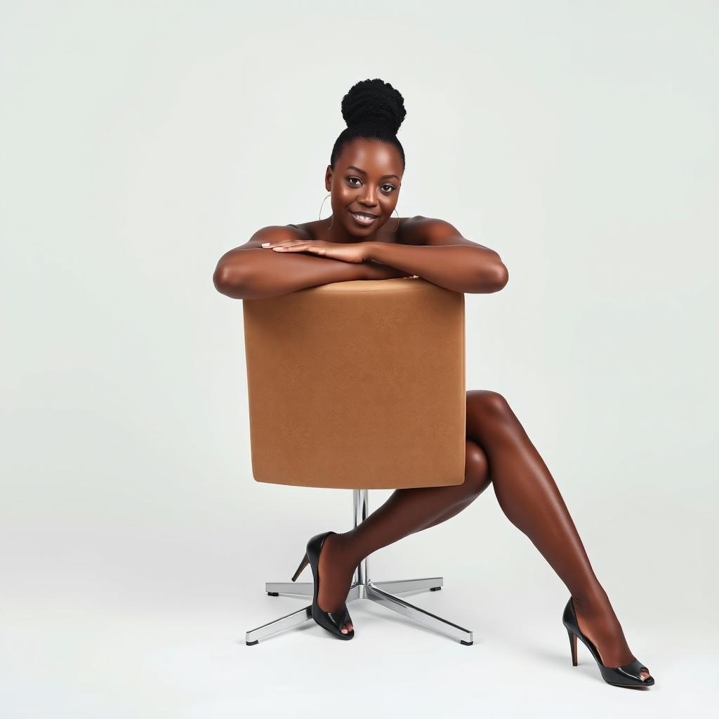 A confident black woman sitting with her arms resting on a chair, wearing only stylish high heels