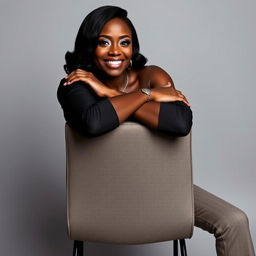 A confident black woman sitting with her arms resting on a chair, wearing only stylish high heels