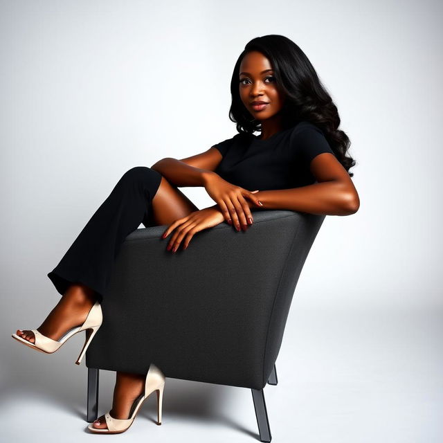 A confident black woman sitting with her arms resting on a chair, wearing only stylish high heels