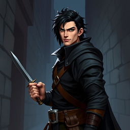 A Dungeons & Dragons character featuring a white human male rogue with black hair and green eyes