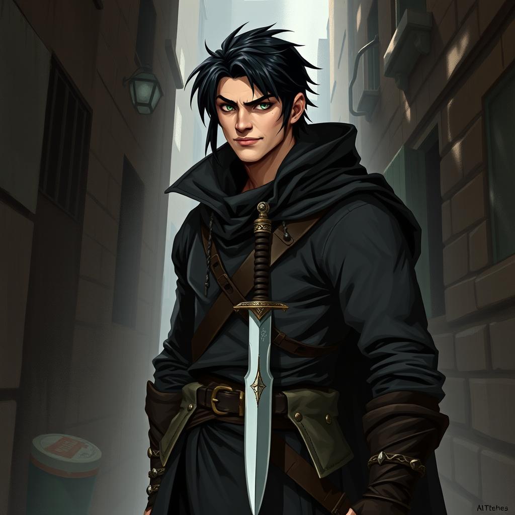 A Dungeons & Dragons character featuring a white human male rogue with black hair and green eyes