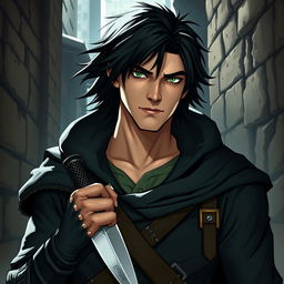 A Dungeons & Dragons character featuring a white human male rogue with black hair and green eyes