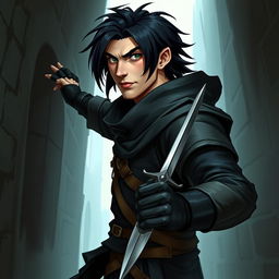 A Dungeons & Dragons character featuring a white human male rogue with black hair and green eyes