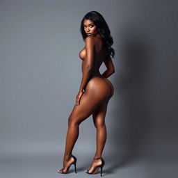 A sexy black woman facing the camera, wearing only high heels