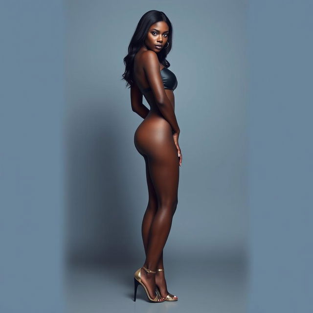 A sexy black woman facing the camera, wearing only high heels