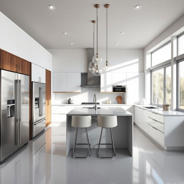 a modern kitchen design featuring sleek, minimalist cabinetry with a high-gloss finish