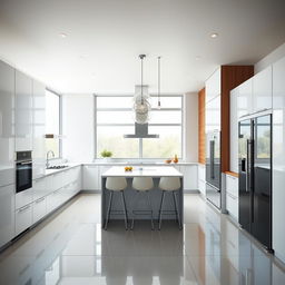 a modern kitchen design featuring sleek, minimalist cabinetry with a high-gloss finish