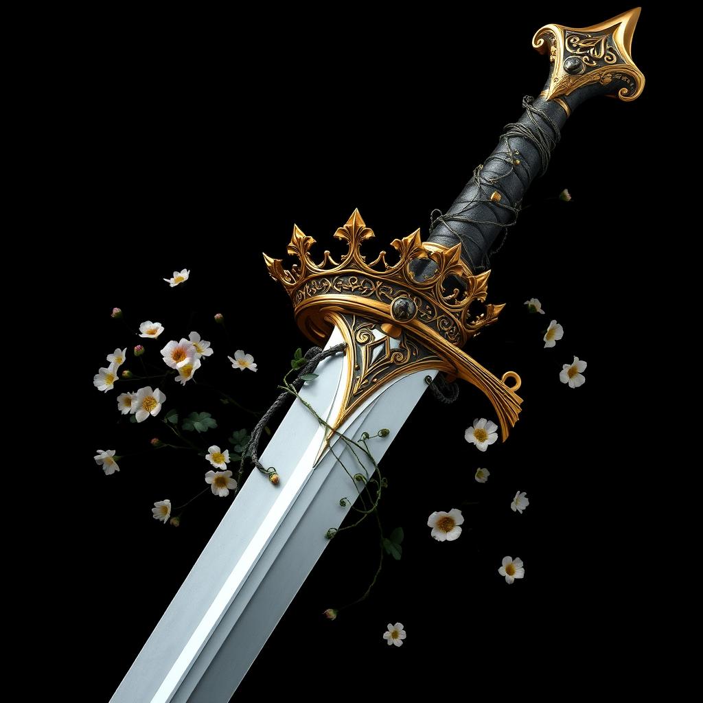 A stunning fantasy sword featuring intricate vines elegantly wrapped around the hilt, with a magnificent golden crown encircling the tip of the blade