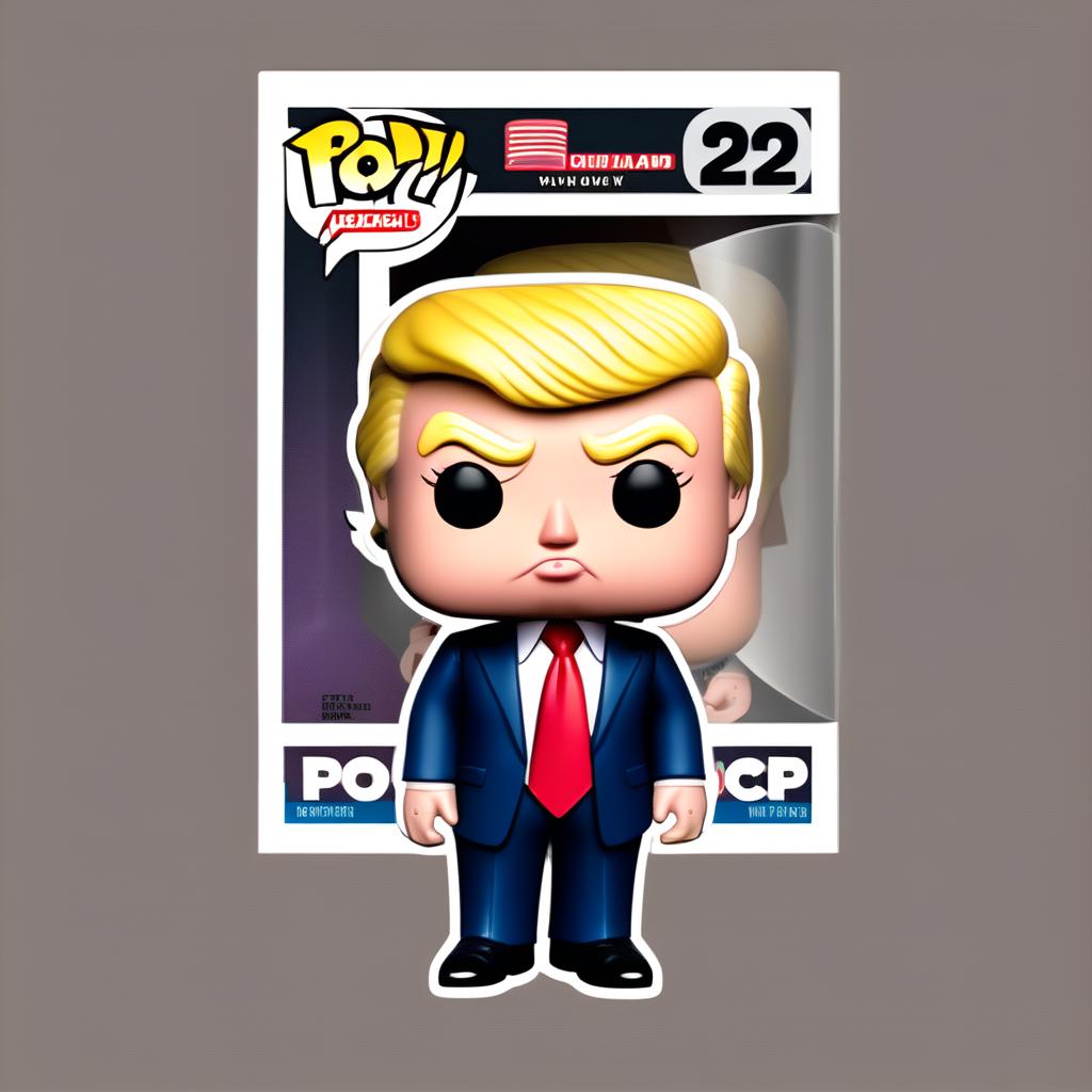 Funko Pop style caricature of a crying Donald Trump in his signature suit and tie, surrounded by a funky border.