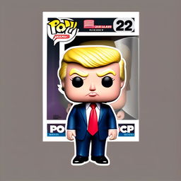 Funko Pop style caricature of a crying Donald Trump in his signature suit and tie, surrounded by a funky border.