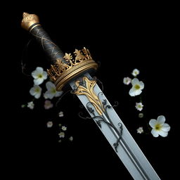 A stunning fantasy sword featuring intricate vines elegantly wrapped around the hilt, with a magnificent golden crown encircling the tip of the blade