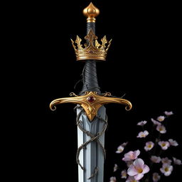 A stunning fantasy sword featuring intricate vines elegantly wrapped around the hilt, with a magnificent golden crown encircling the tip of the blade