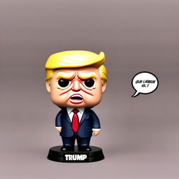 Funko Pop style caricature of a crying Donald Trump in his signature suit and tie, surrounded by a funky border.