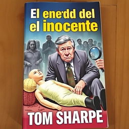 A vibrant book cover for 'El enredo del inocente' featuring a middle-aged man, Henry Wilt, in the center with a confused expression, dressed in a modest suit