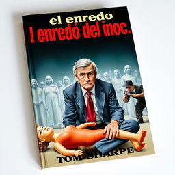 A vibrant book cover for 'El enredo del inocente' featuring a middle-aged man, Henry Wilt, in the center with a confused expression, dressed in a modest suit