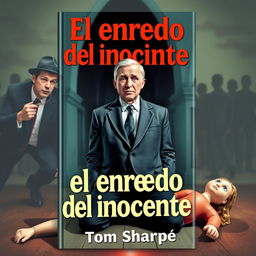 A vibrant book cover for 'El enredo del inocente' featuring a middle-aged man, Henry Wilt, in the center with a confused expression, dressed in a modest suit