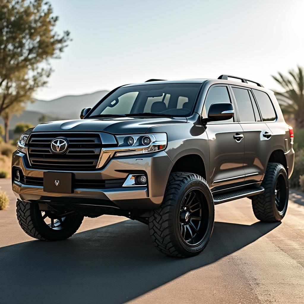 A large, impressive Land Cruiser equipped with stylish and eye-catching wheels, parked in a scenic outdoor setting