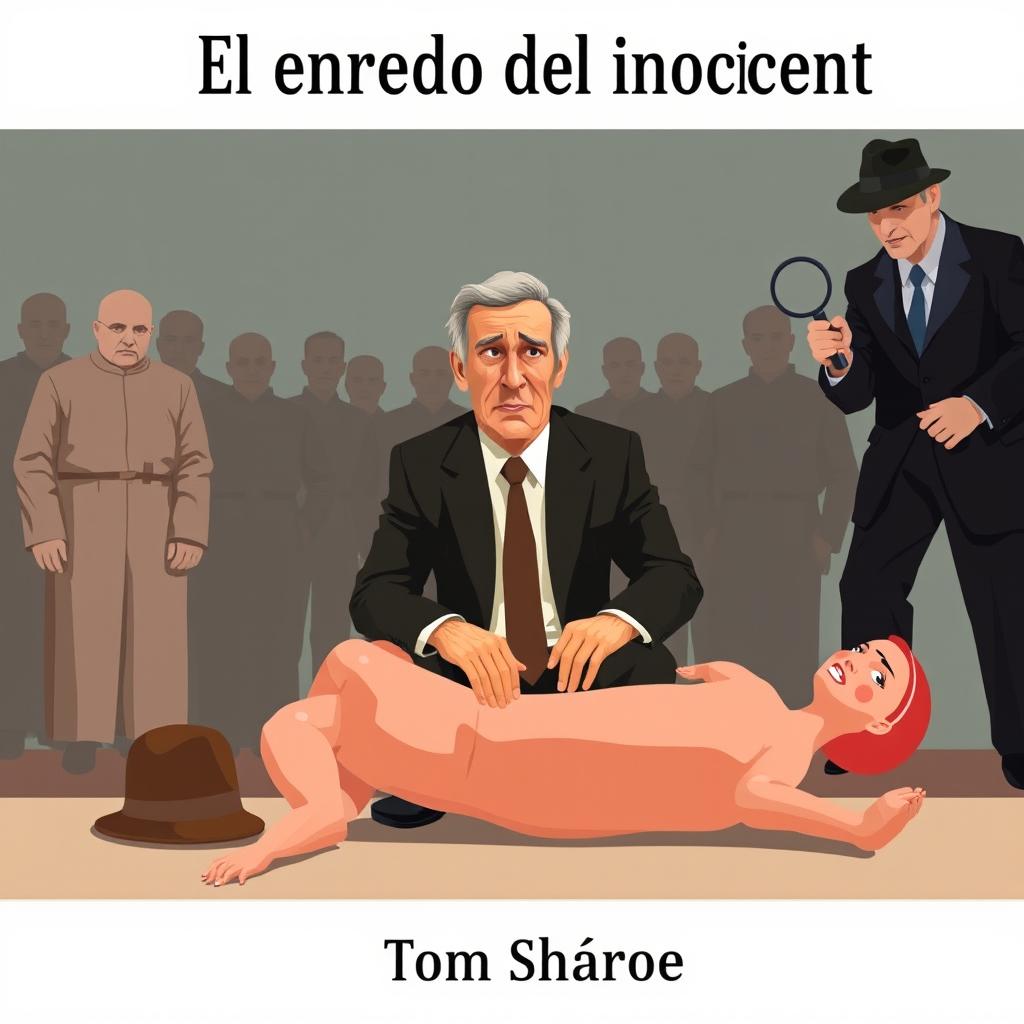 A flat design book cover for 'El enredo del inocente' featuring a middle-aged man, Henry Wilt, in the center with a confused expression, dressed in a modest suit