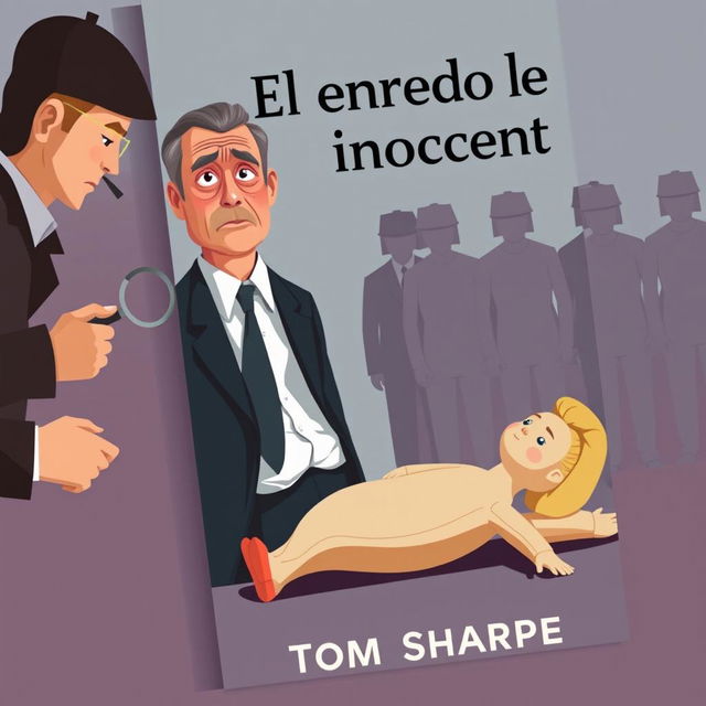 A flat design book cover for 'El enredo del inocente' featuring a middle-aged man, Henry Wilt, in the center with a confused expression, dressed in a modest suit