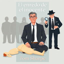 A flat design book cover for 'El enredo del inocente' featuring a middle-aged man, Henry Wilt, in the center with a confused expression, dressed in a modest suit