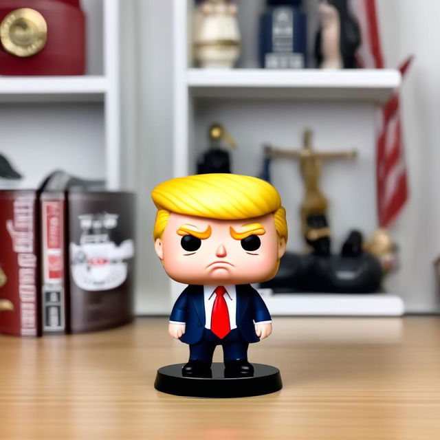 Funko Pop style caricature of a crying Donald Trump in his signature suit and tie, surrounded by a funky border.