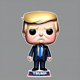 Funko Pop style caricature of a crying Donald Trump in his signature suit and tie, surrounded by a funky border.