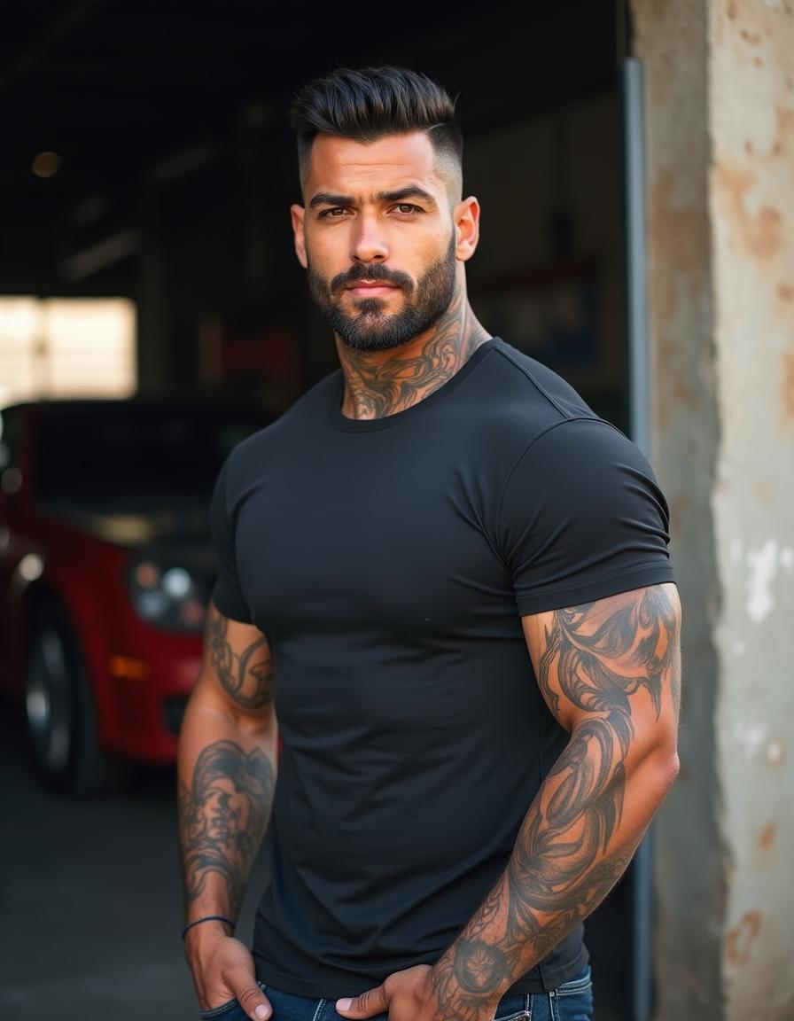 Photograph of a ruggedly handsome man, camera at eye level, half Black half Caucasian, 36 years old, masculine, tall, very muscular, fit, lean, with chiseled features, strong square jaw, high cheekbones, short black hair, light brown eyes, and full lips