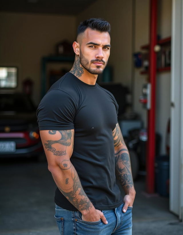 Photograph of a ruggedly handsome man, camera at eye level, half Black half Caucasian, 36 years old, masculine, tall, very muscular, fit, lean, with chiseled features, strong square jaw, high cheekbones, short black hair, light brown eyes, and full lips