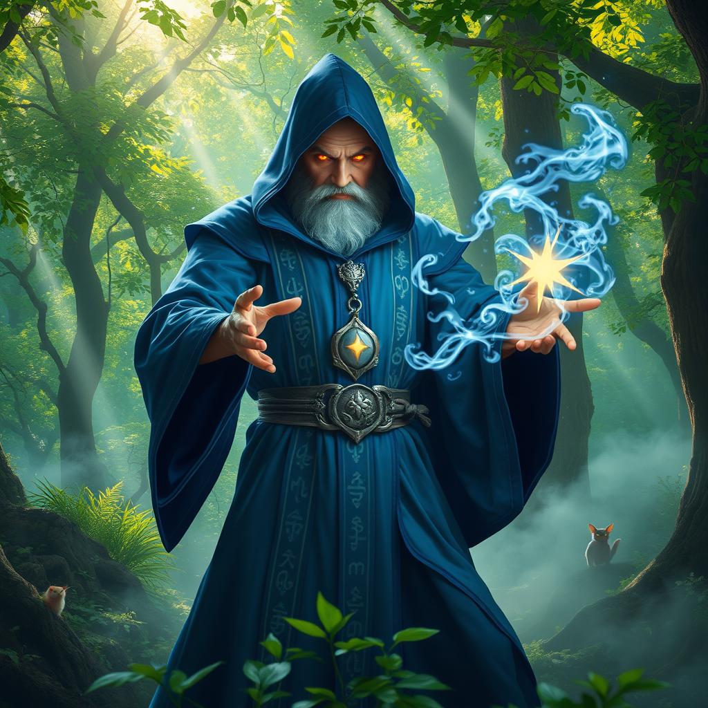 A powerful mage casting a spell in a mystical forest