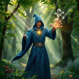 A powerful mage casting a spell in a mystical forest