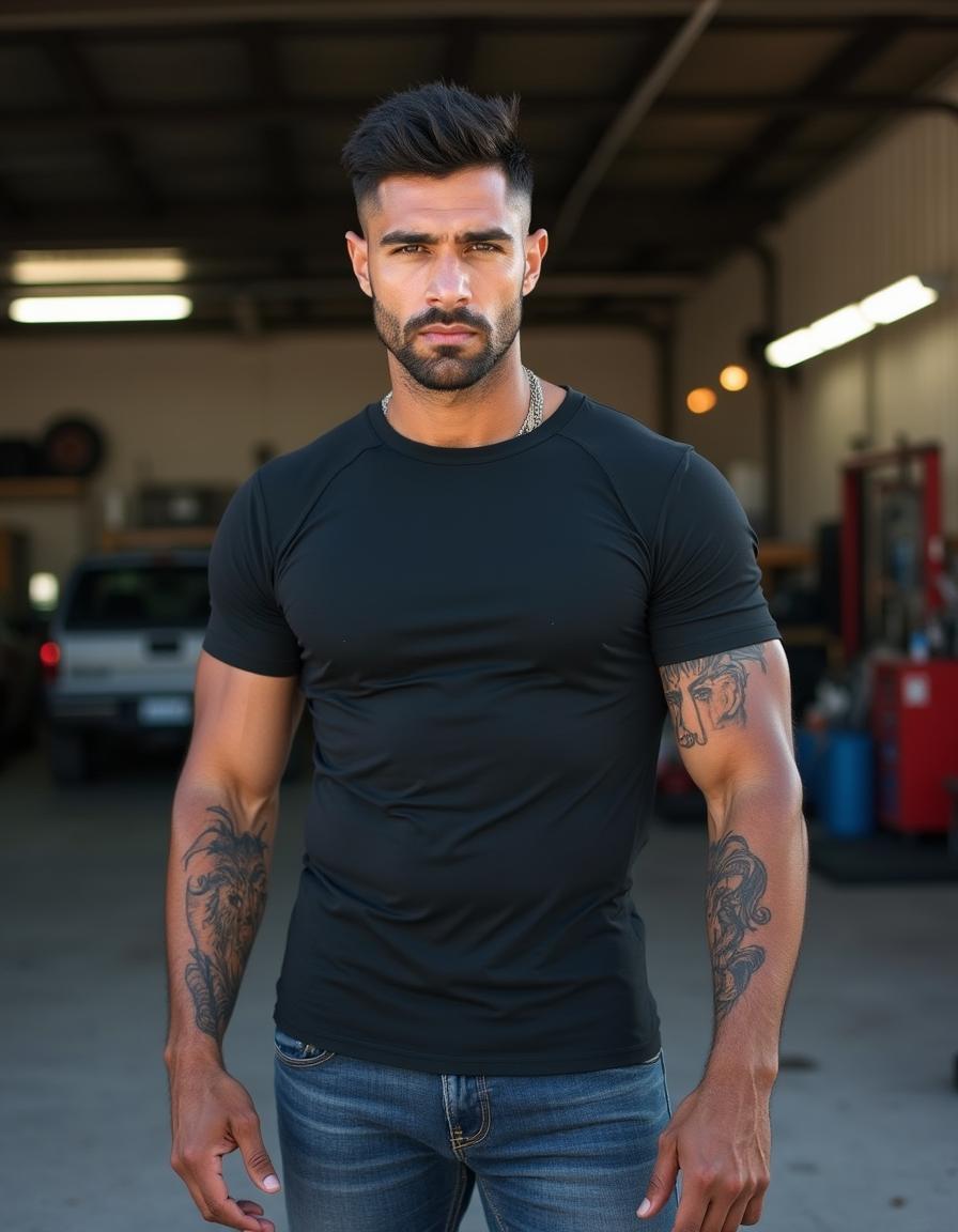 Photograph of a ruggedly handsome man, camera at eye level, half Black half Caucasian, 36 years old, masculine, tall, very muscular, fit, lean, with chiseled features, strong square jaw, high cheekbones, short black hair, light brown eyes, and full lips