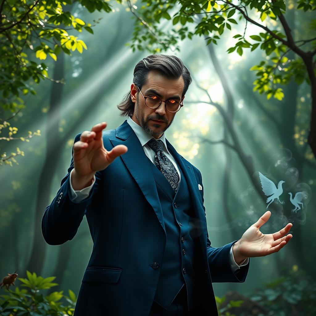 A sophisticated mage casting a spell in a mystical forest, wearing an elegant, tailored suit that combines modern style with magical flair