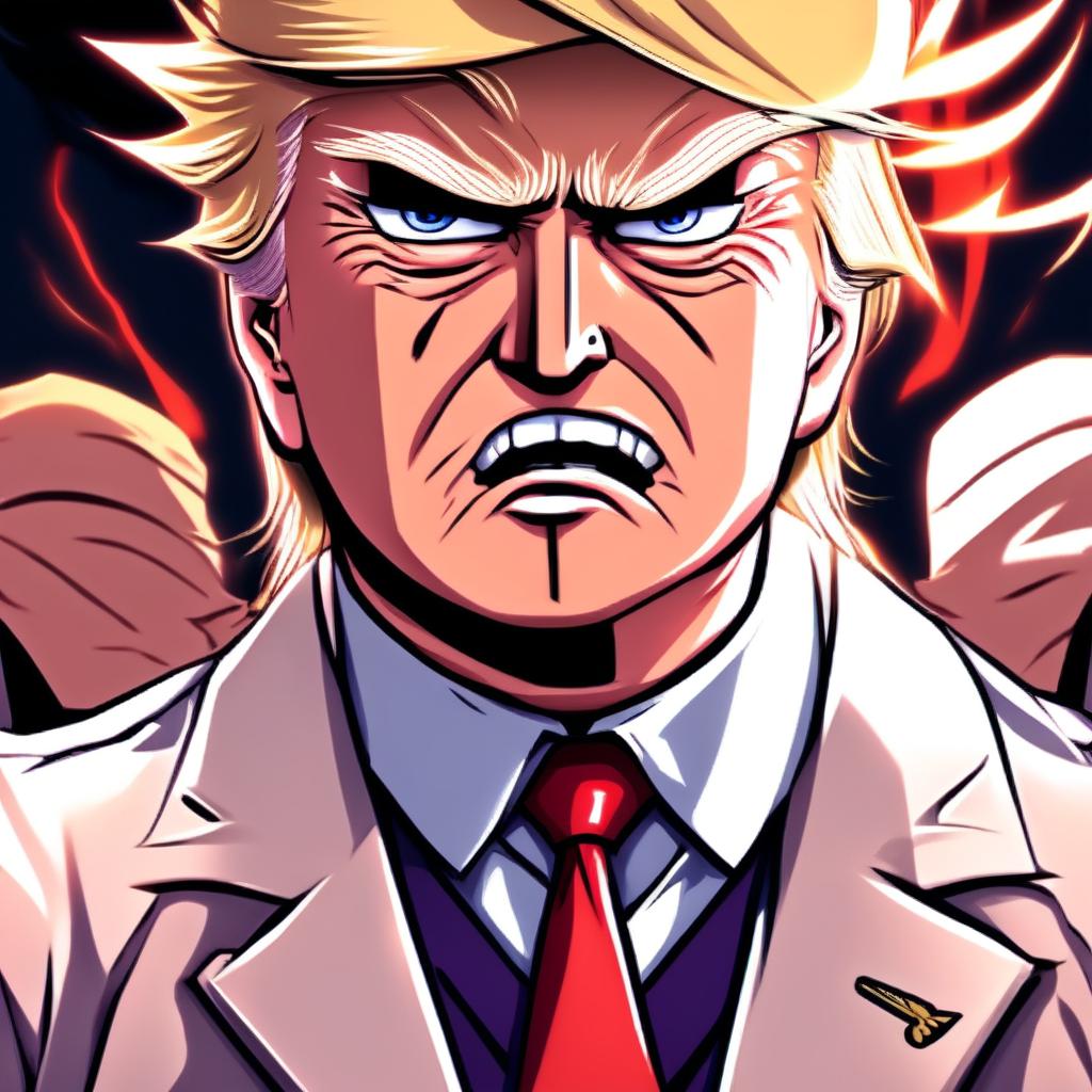 Anime style profile picture of a cool and epic Donald Trump, rendered in intense anime style.