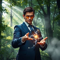 A sophisticated mage casting a spell in a mystical forest, wearing an elegant, tailored suit that combines modern style with magical flair