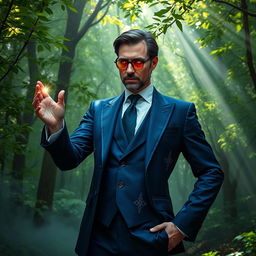 A sophisticated mage casting a spell in a mystical forest, wearing an elegant, tailored suit that combines modern style with magical flair