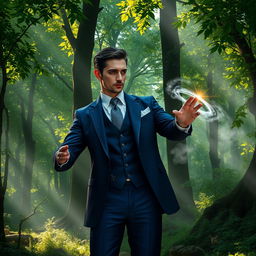 A sophisticated mage casting a spell in a mystical forest, wearing an elegant, tailored suit that combines modern style with magical flair