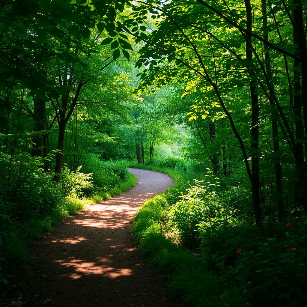 A serene and inviting forest path winding through lush greenery, with dappled sunlight filtering through the leaves