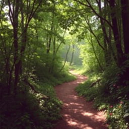 A serene and inviting forest path winding through lush greenery, with dappled sunlight filtering through the leaves