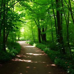 A serene and inviting forest path winding through lush greenery, with dappled sunlight filtering through the leaves