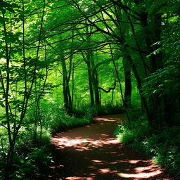 A serene and inviting forest path winding through lush greenery, with dappled sunlight filtering through the leaves