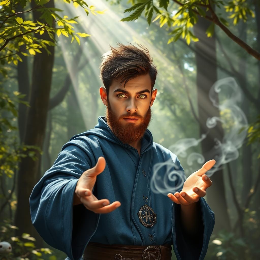 A young mage with a short, well-groomed beard casting a spell in a mystical forest