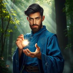 A young mage with a short, well-groomed beard casting a spell in a mystical forest