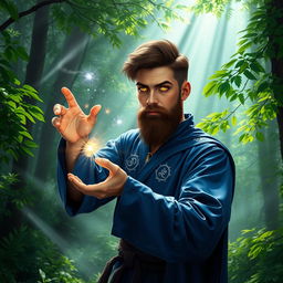 A young mage with a short, well-groomed beard casting a spell in a mystical forest