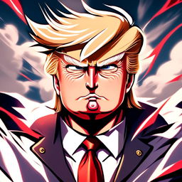 Anime style profile picture of a cool and epic Donald Trump, rendered in intense anime style.