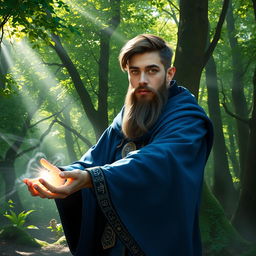 A young mage with a short, well-groomed beard casting a spell in a mystical forest