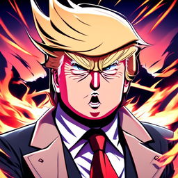 Anime style profile picture of a cool and epic Donald Trump, rendered in intense anime style.